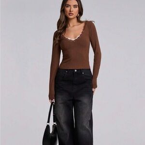🌸S78 - Bae Brown Ribbed Long Sleeve Top🤎